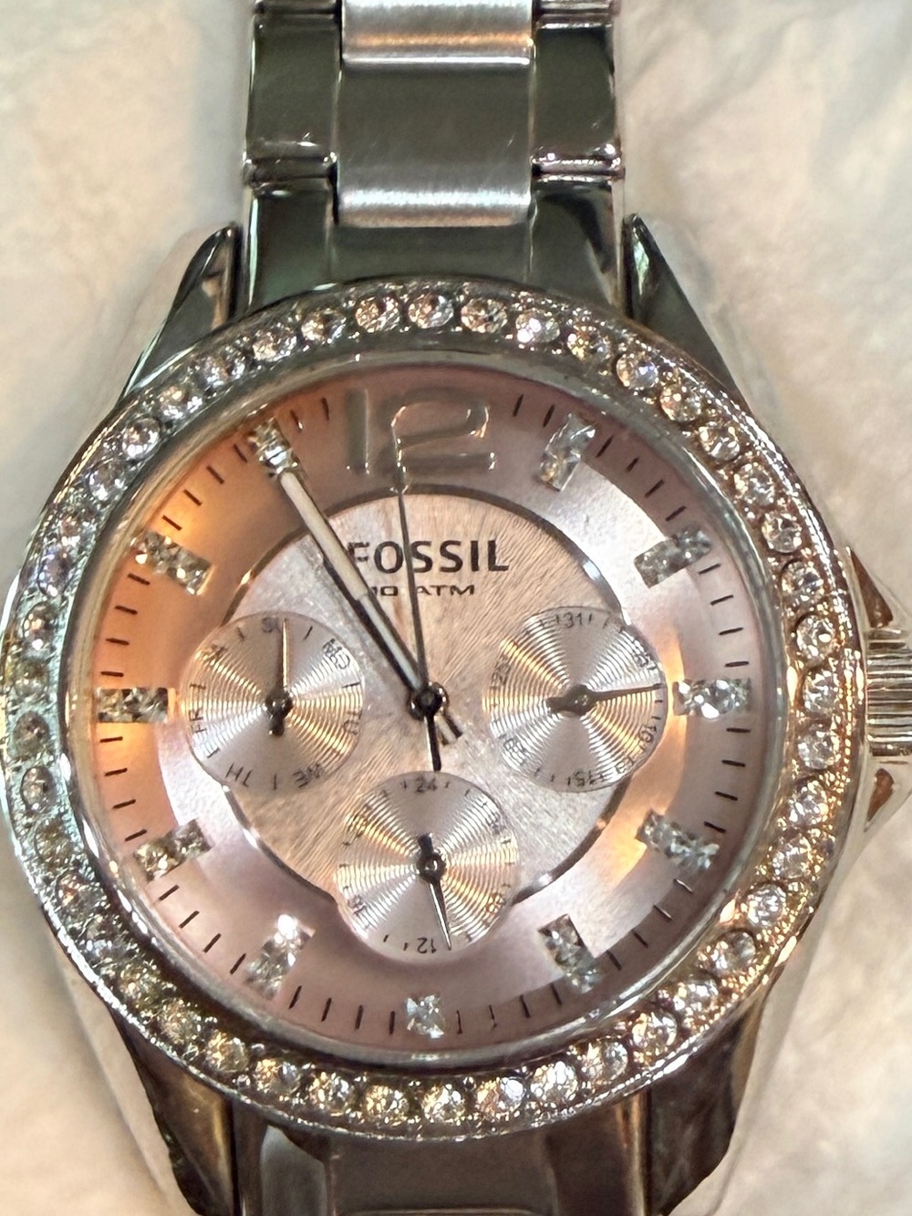 Fossil Silver Watch with Pink Sunray Dial and Crystal Bezel